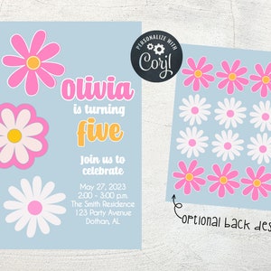 Retro Flower Power | Birthday Party Invitation | Gift Tag | Editable Instant Download