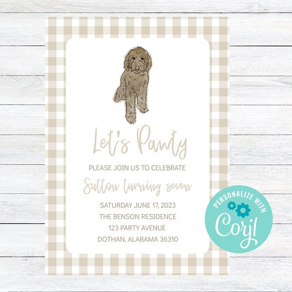 Khaki Doodle Dog Birthday Party Pawty Invitation Editable Instant Download