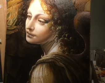 The face of the Angel from the Madonna of the Rocks after Leonardo da Vinci, completed oil painting