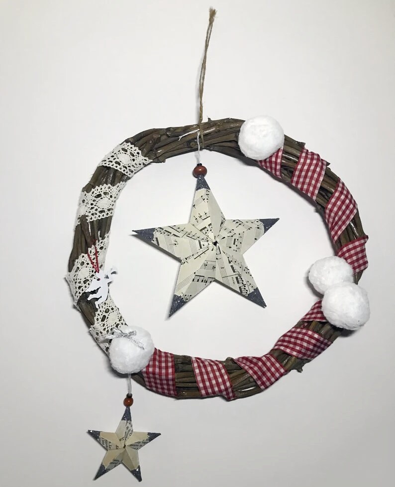 Jolie Couronne en Osier Tissu et Étoiles Origami.faite Main Alsace