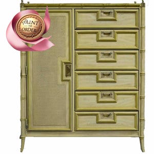 CUSTOMIZABLE 1960s Stanley Faux Bamboo Campaign Highboy Dresser