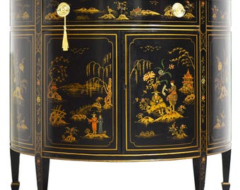 Mid Century French Chinoiserie Leather Top Demilune Commode - Single Unit