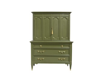 Mid Century Transitional Highboy Dresser by American of Martinsville in Olive Green - Newly Painted