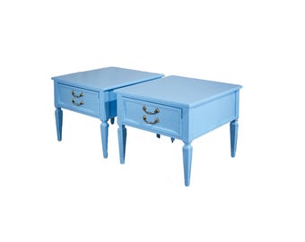 1970s Transitional End Tables by Thomasville in Blue a Pair - Newly Painted