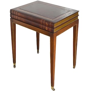 Mid Century Trompe l&#39;Oeil Faux Stacked Books Wood Leather Single Drawer Side Table