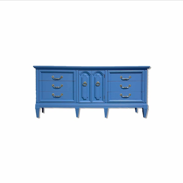 Mid Century Transitional Lowboy Dresser or Credenza in Blue by Dixie - Newly Painted