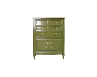 Mid Century Transitional Highboy Dresser in Olive Green By Huntley Thomasville - Newly Painted