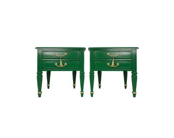 Mid Century Transitional Pair of Nightstands in Green with Gold Accents - Newly Painted