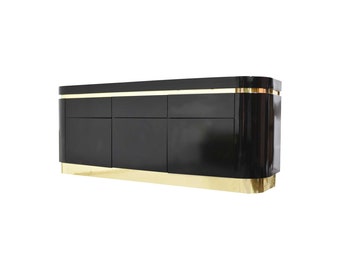 1980s Hollywood Regency Gloss Black Lacquer and Brass Sideboard