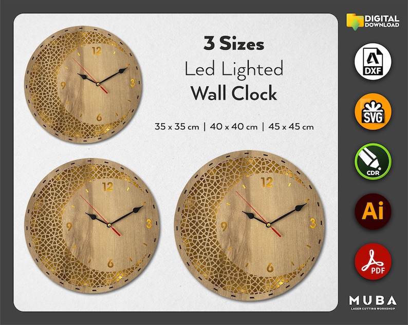 3 Sizes Wall Clock SVG Watch Models Wall Decor Clocks DXF Etsy