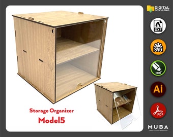 May include: A wooden storage organizer with two shelves and a clear acrylic front. The text "Storage Organizer Model5" is displayed in red. The design includes slots and tabs for assembly. The image also shows digital download file formats.
