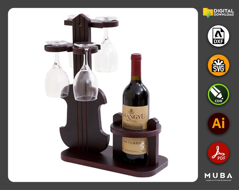 May include: Wooden wine rack shaped like a violin with four glass holders and a bottle holder. The rack is dark brown and has a bottle of wine in the bottle holder. The wine bottle label says "Changyu".