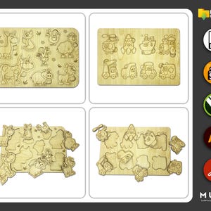 May include: Four wooden jigsaw puzzles with cut-out shapes. One puzzle features farm animals, another has vehicles, and the other two have various shapes. The puzzles are made of light-colored wood and are designed for laser cutting.