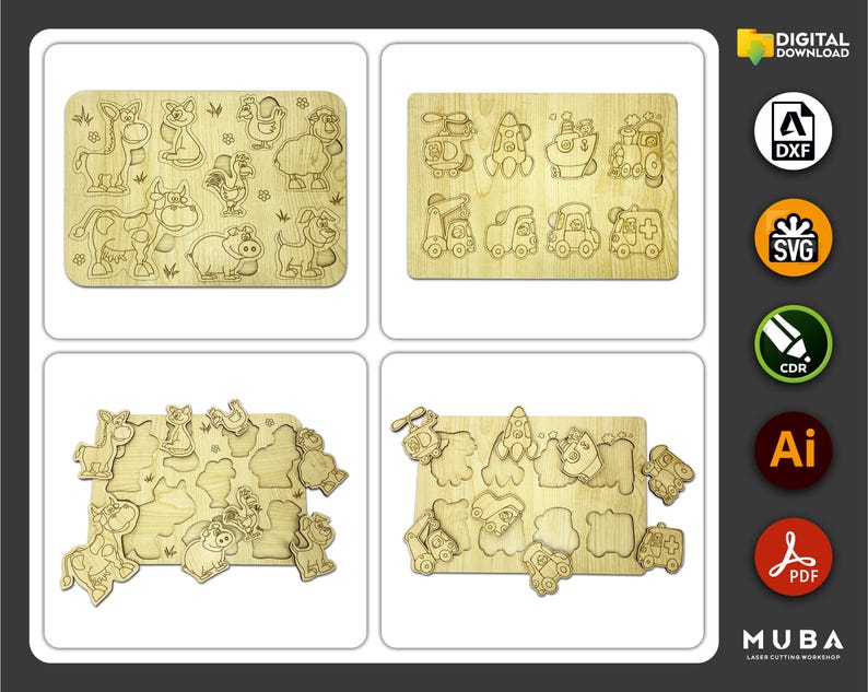 May include: Four wooden jigsaw puzzles with cut-out shapes. One puzzle features farm animals, another has vehicles, and the other two have various shapes. The puzzles are made of light-colored wood and are designed for laser cutting.