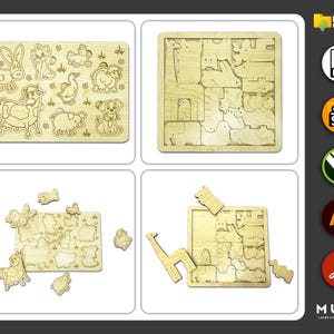 May include: Four wooden animal puzzles. The top left puzzle features a rabbit, cat, duck, sheep, cow, pig, and dog. The top right puzzle shows various animals fitted together. The bottom left puzzle has pieces removed. The bottom right puzzle shows a giraffe and other animal pieces.