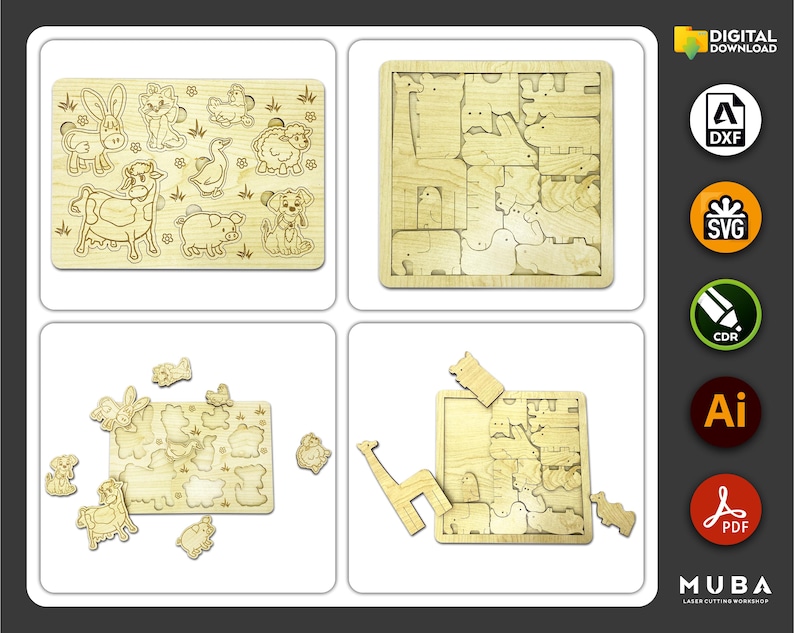 May include: Four wooden animal puzzles. The top left puzzle features a rabbit, cat, duck, sheep, cow, pig, and dog. The top right puzzle shows various animals fitted together. The bottom left puzzle has pieces removed. The bottom right puzzle shows a giraffe and other animal pieces.