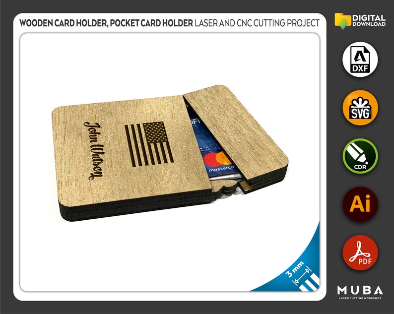 Pocket Card Holder, Wooden Card Holder, Laser cut file, CNC files, dxf, svg, cdr, ai, pdf, Vector Templates, Laser Project, laser svg image 3