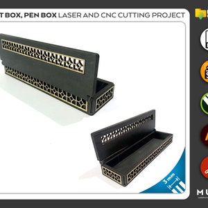 May include: A black wooden pen box with a geometric pattern and a hinged lid. The box is 3 mm thick and is designed for laser or CNC cutting.