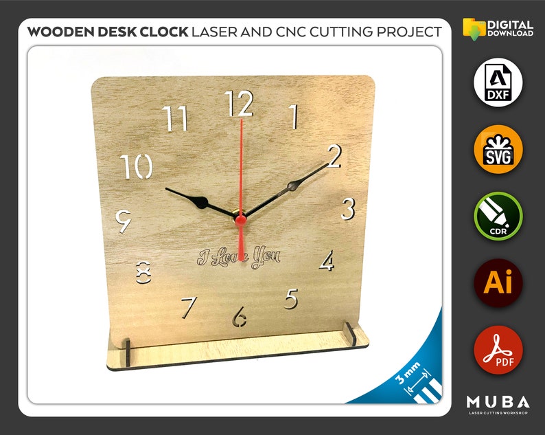 Drewniany zegar na biurko, produkt biurowy, prezent dla współpracownika, plik wycinany laserowo, pliki CNC, DXF, SVG, CDR, AI, PDF, szablony wektorowe, projekt laserowy zdjęcie 3