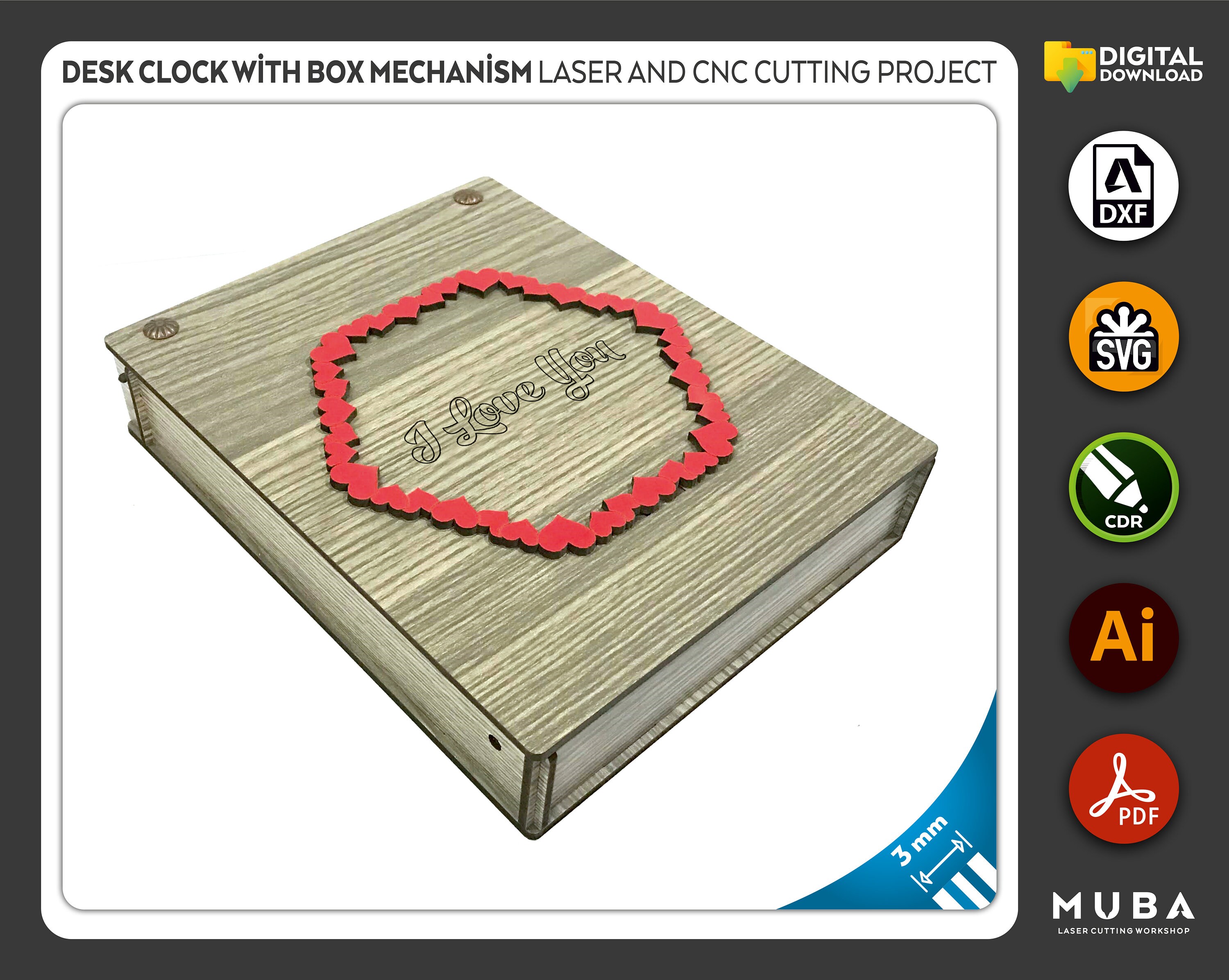 Wooden Desk Clock With Mechanism Box, Laser Cut File, CNC Files, Dxf ...