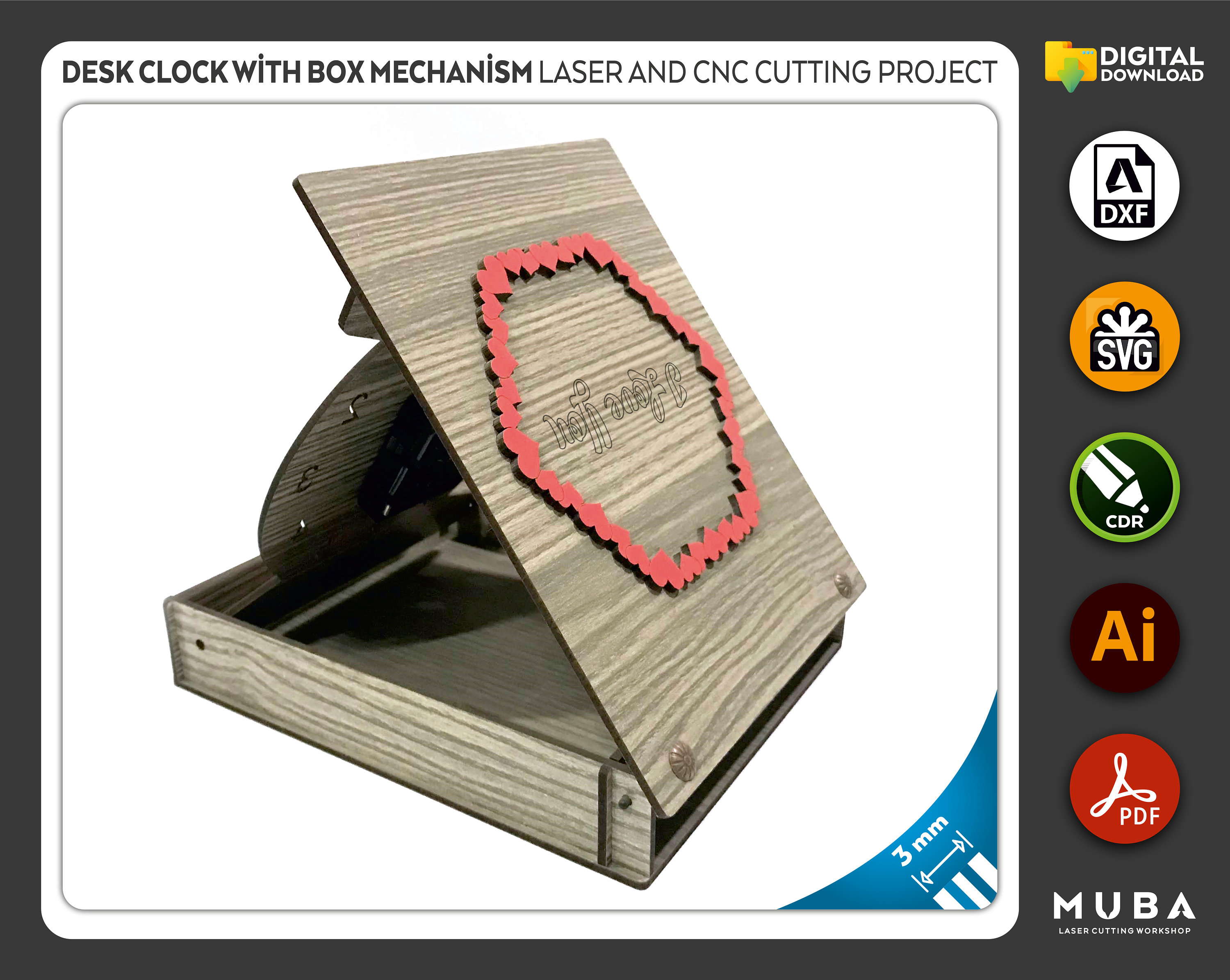 Wooden Desk Clock With Mechanism Box, Laser Cut File, CNC Files, Dxf ...
