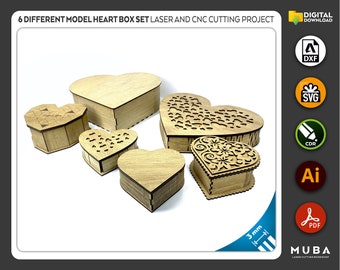 Zestaw 6 modeli pudełek w kształcie serca, pudełko na biżuterię DXF, pudełko upominkowe SVG, Walentynki, DXF, SVG, CDR, AI, PDF, plik wycinany laserowo, szablony wektorowe, laser SVG
