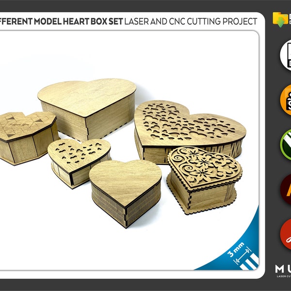 Zestaw 6 modeli pudełek w kształcie serca, pudełko na biżuterię DXF, pudełko upominkowe SVG, Walentynki, DXF, SVG, CDR, AI, PDF, plik wycinany laserowo, szablony wektorowe, laser SVG