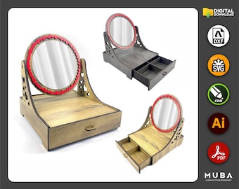 Laser Cut Makeup Organizer Mirror, Cosmetic Organizer, Jewellery, Glowforge Cut, Svg, Dxf, Pdf, Laser cut file, Cnc Cut, Vector Templates