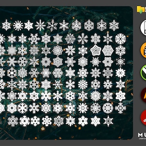 May include: A digital download of 100 snowflake designs in a variety of shapes and sizes. The snowflakes are white and are arranged in a grid pattern against a green background.