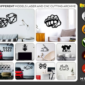 May include: A digital download of 10 different laser and CNC cutting designs. The designs include a pair of dice, a fist, a set of pistons, a skull, a hand holding a knife, a pair of cartoon mice, a pair of hands making a heart shape, a pair of hands making a fist, a pair of crossed wrenches, and a pair of hands making a heart shape.