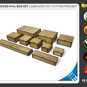 以下が含まれることがあります： さまざまなサイズの10個の楕円形の木製ボックスのセット。ボックスは、木目模様のある薄い茶色の木で作られています。ボックスは、一番上のボックスが最大で、一番下のボックスが最小になるように、段状に配置されています。ボックスは、レーザーカッターまたはCNCマシンを使用して組み立てられるように設計されています。画像には、「10 PIECES OVAL BOX SET LASER AND CNC CUTTING PROJECT」と「3 mm」のテキストが含まれています。