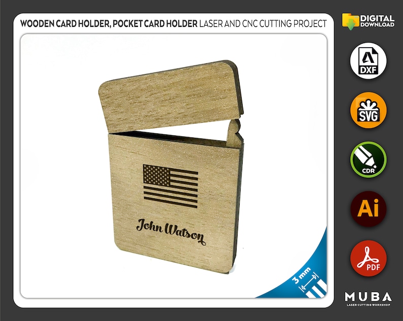 Pocket Card Holder, Wooden Card Holder, Laser cut file, CNC files, dxf, svg, cdr, ai, pdf, Vector Templates, Laser Project, laser svg image 4