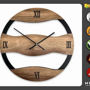 May include: A black and brown wooden clock with Roman numeral markings. The clock has a black metal frame and a unique design with three curved wooden pieces.