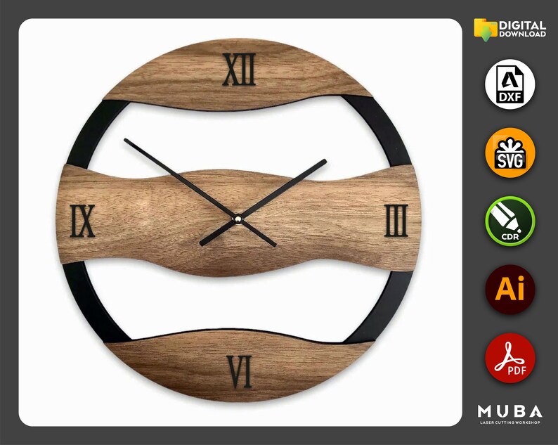May include: A black and brown wooden clock with Roman numeral markings. The clock has a black metal frame and a unique design with three curved wooden pieces.