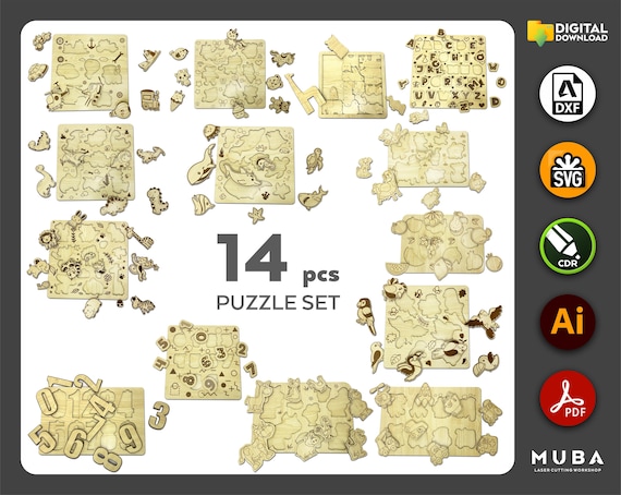 14 pcs Laser Cut Kids Puzzle, Jigsaw Puzzle Svg, Laser Cut Puzzle Set, Kids Toys, Alphabet Puzzle Svg, Laser Cut Baby Svg Dxf Pdf Ai cnc
