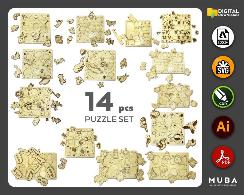 May include: A set of 14 wooden puzzles with various shapes and designs. The puzzles include animal, number, and letter themes. The image also includes digital download file type icons.