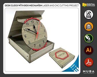 Wooden Desk Clock With Mechanism Box, Laser cut file, CNC files, dxf, svg, cdr, ai, pdf, Vector Templates, Laser Project