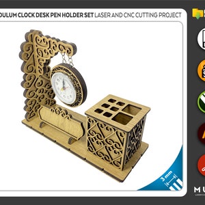 Wooden Pen Holder with Clock, Office Product, Co-Worker Gift, 3mm Digital File For Laser and CNC files dxf svg cdr ai pdf Vector Templates