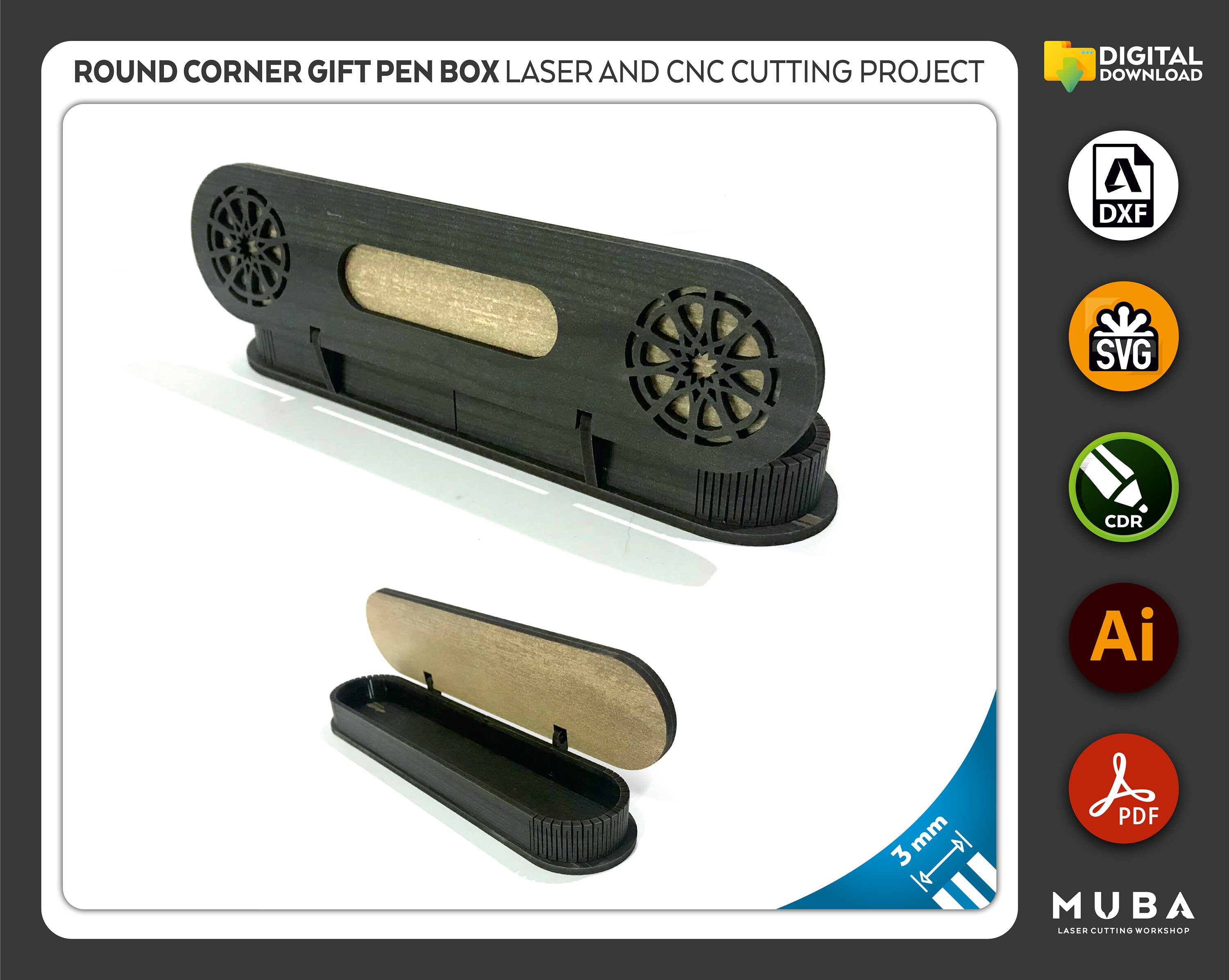 Runde Ecke Stift Box, Holz Geschenkbox, Schmuck svg, Laser geschnittene Datei, CNC Dateien, dxf, svg, cdr, ai, pdf, Vektor Vorlagen, Laser Projekt