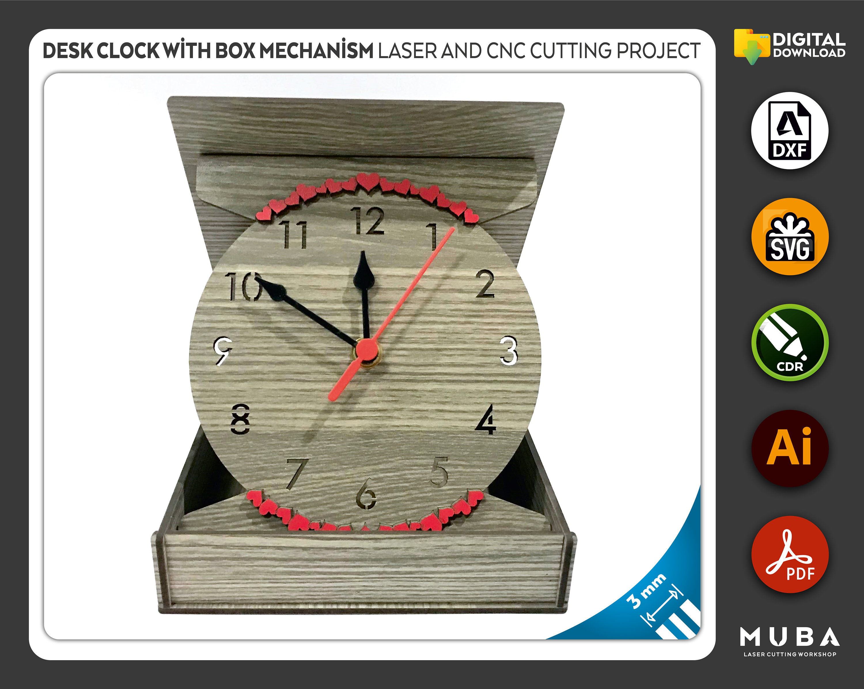 Wooden Desk Clock With Mechanism Box, Laser Cut File, CNC Files, Dxf ...