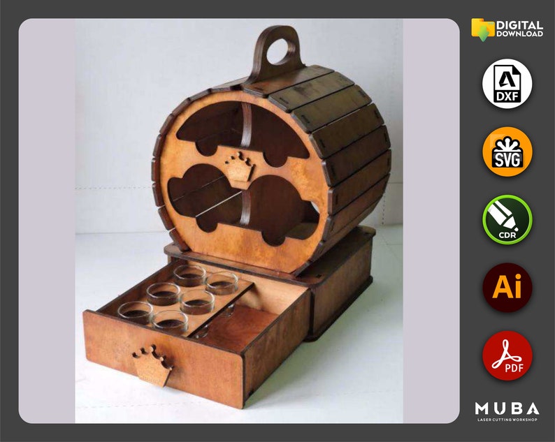 May include: A wooden barrel-shaped liquor dispenser with a drawer that opens to reveal shot glasses. The dispenser has a crown design on the front and is made of light brown wood.
