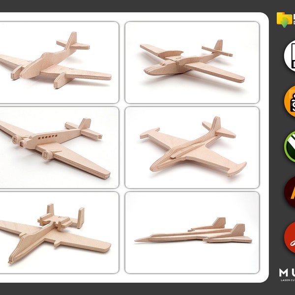 6 szs Wooden Kids Toy, Airplane Svg Files, Laser Cut File, Airplane, Dxf, Svg, Ai, Cnc Router, Aircraft Hobby, DIY Model, Simple Toy for Kid