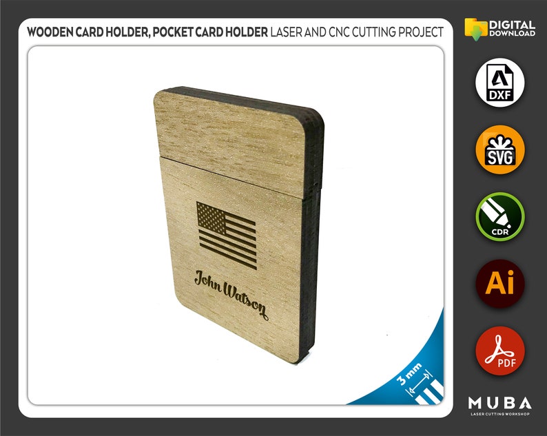 Pocket Card Holder, Wooden Card Holder, Laser cut file, CNC files, dxf, svg, cdr, ai, pdf, Vector Templates, Laser Project, laser svg image 5