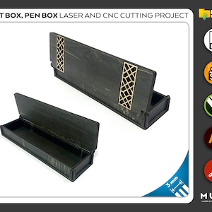 May include: A laser cut wooden pen box with a decorative geometric design. The box is open and the lid is propped up. The box is made of dark wood with a light wood grain pattern. The box is 3 mm thick.