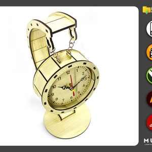 May include: A wooden clock with a round face and a crane-like design. The clock has a chain hanging from the top and a wooden base.
