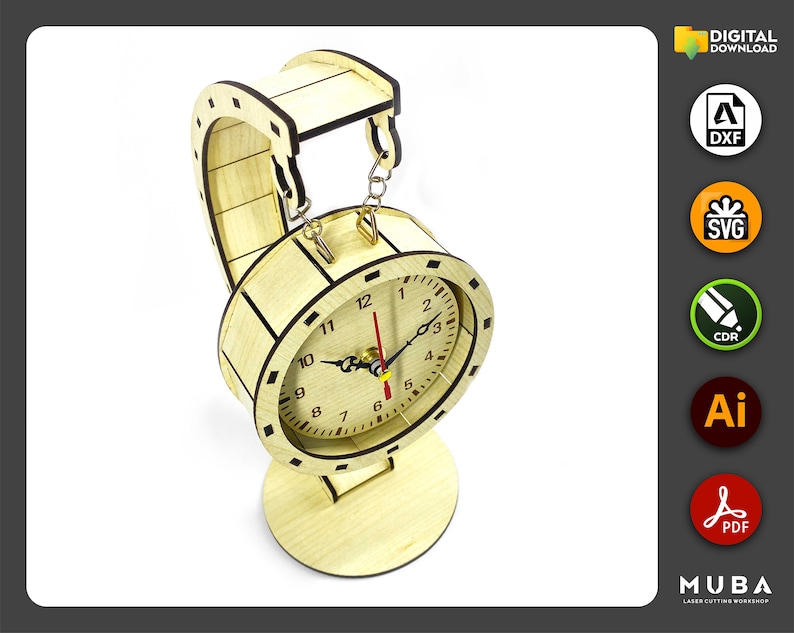 May include: A wooden clock with a round face and a crane-like design. The clock has a chain hanging from the top and a wooden base.