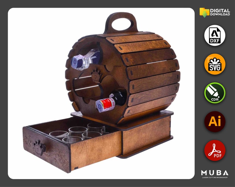May include: Wooden wine rack shaped like a barrel with a drawer for shot glasses. The rack has a handle on top and is made of dark wood.