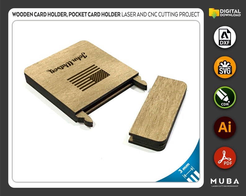 Pocket Card Holder, Wooden Card Holder, Laser cut file, CNC files, dxf, svg, cdr, ai, pdf, Vector Templates, Laser Project, laser svg image 2