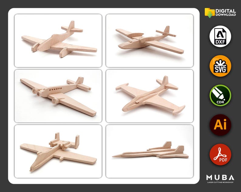 6 szs Wooden Kids Toy, Airplane Svg Files, Laser Cut File, Airplane, Dxf, Svg, Ai, Cnc Router, Aircraft Hobby, DIY Model, Simple Toy for Kid image 2