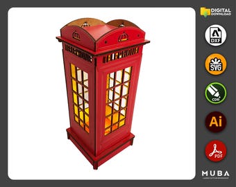 Red English Telephone Booth Night Light, Laser Cut Files DXF SVG CDR Lamp vector Instant download file Glowforge ready